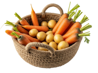 Isolated basket of freshly picked carrots and potatoes, healthy food for balanced diet