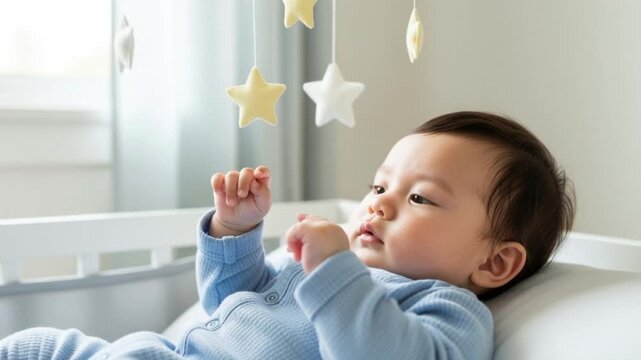 Baby reaching for hanging mobile, early development and sensory exploration in nursery