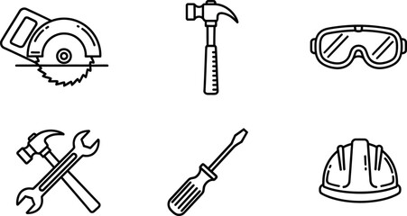 Hand drawn construction tools set including hammer wrench screwdriver and safety equipment
