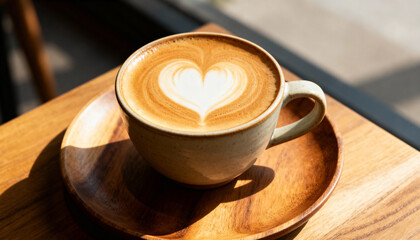 Creamy latte heart latte art ceramic cup wooden table warm sunlight cozy cafe morning coffee romantic mood valentine vibe fresh brew create romantic valentine moment with flowers softly implied