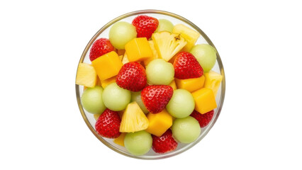 Isolated fruit salad in a glass bowl with strawberries, cantaloupe, mango, and pineapple