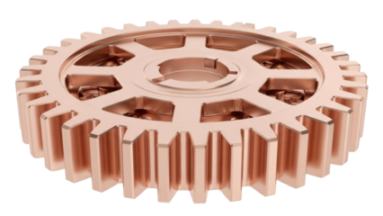 Isolated copper gearwheel is a mechanical component for rotary motion in machine assembly