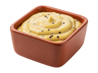 Isolated dish of seeded mustard in a square brown bowl a savory condiment and topping