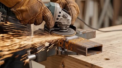 Closeup of a worker in heavy leather gloves using an angle grinder on a rusty steel square tube, creating bright sparks and smoothing metal edges in an industrial workshop. - Powered by Adobe