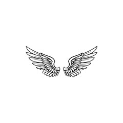 Fototapeta premium Detailed black and white illustration of a pair of feathered angel wings, spread wide against a clean white background isolated on transparent background