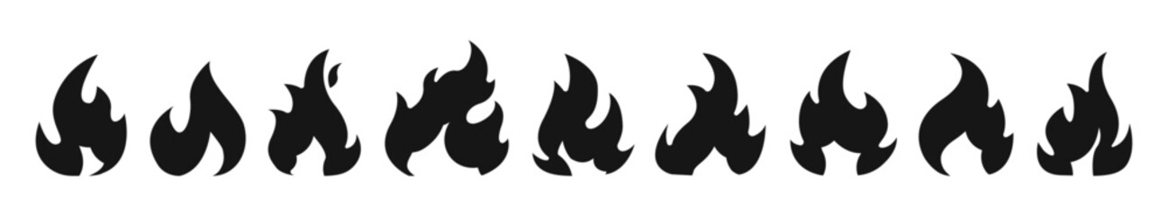 Set of black flame icons in modern silhouette style