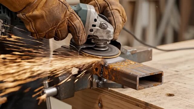 Closeup of a worker in heavy leather gloves using an angle grinder on a rusty steel square tube, creating bright sparks and smoothing metal edges in an industrial workshop.