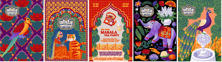 Obraz premium Indian Mughal poster featuring peacock, tiger, elephant, fountain, floral pattern, arche, woman from India and traditional elements. Folk art style for event, branding, background and invitation