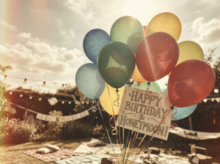 Happy birthday and honeymoon celebration sign with colorful balloons in sunny backyard party scene, festive decorations, warm light and relaxed outdoor picnic atmosphere