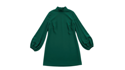 Isolated green mock-neck dress, long bubble sleeves, chic and elegant garment for women