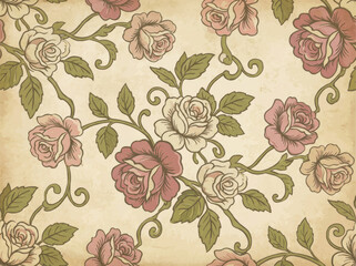 Vintage floral wallpaper pattern with pink and cream rose bloom, green leaf vine and ornamental scrolls evoking romantic retro decor and classic botanical textile style