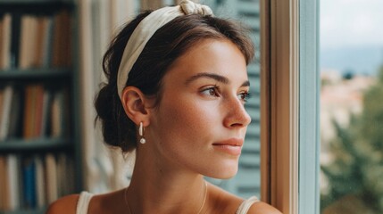 Woman wearing headband, earrings, necklace, sunglasses, bracelet, looking out window with bookshelf in background.