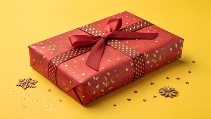 Gift box with ribbon on yellow background.