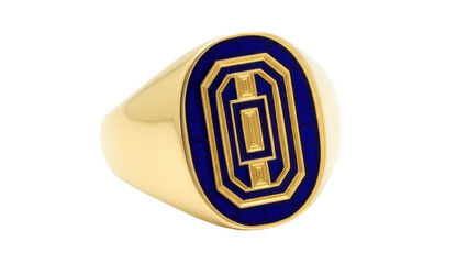Isolated gold signet ring with blue enamel design, a modern jewelry gift for a gentleman