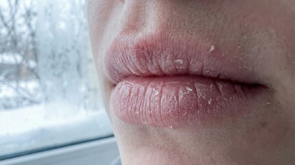 Cracked lips from cold weather with snow in the background  