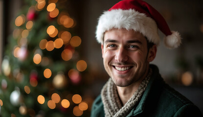 Smiling young man wearing santa hat with Christmas tree in the background