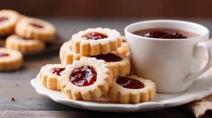Cookies with jam centers on white ceramic plate with warm tones near cup of tea in cozy kitchen setting