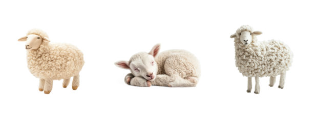 Collection of White Sheep with thick wool side view isolate on transparent background