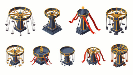Collection of isometric swing carousel amusement park rides with decorative red ribbons and golden accents.
