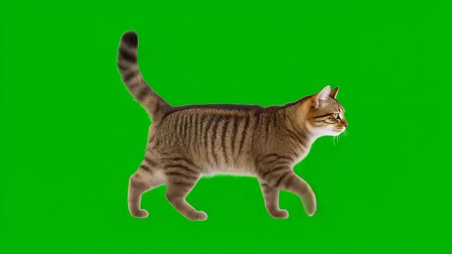 Cat slowly walking. Cat, kitten and cat like, felino, animal and pet. 4K on green screen isolated with chroma key, real shot