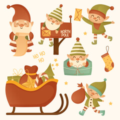 Christmas Elves and Holiday Pack. A joyful vector illustration featuring a lively cast of Christmas elves and festive holiday elements.