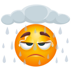 Sad emoji stands under a gray raincloud, looking exhausted and gloomy. Funny emoticon on white background