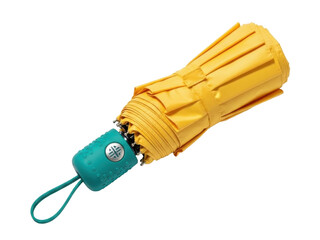 Isolated yellow umbrella with a teal handle is neatly folded for rain protection outdoors