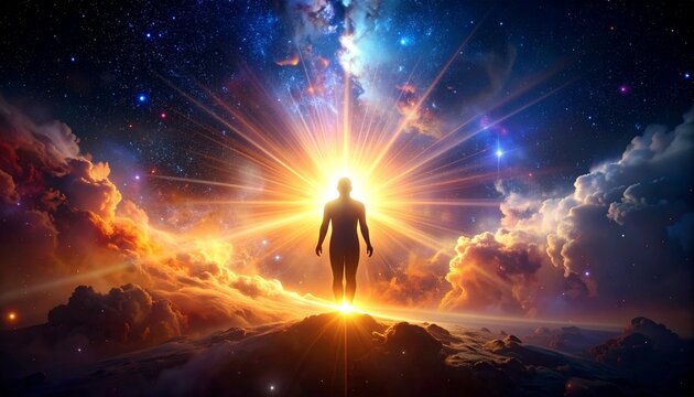 Radiant human silhouette with cosmic chest light against starry nebula background