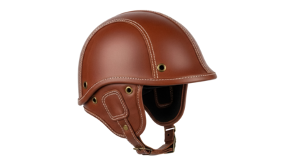 Brown leather vintage motorcycle helmet isolated PNG, classic head protection for riders on transparent background, retro style gear