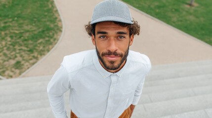 Man standing on stairs wearing a hat and shirt.