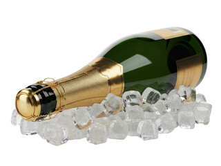 Isolated champagne bottle lies on ice, alcoholic beverage for celebration, party refreshment
