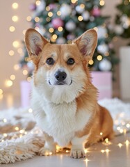 Festive Corgi's Holiday Cheer: A charming Corgi dog, bathed in the soft glow of festive lights and ornaments, sits joyfully beneath a decorated tree, embodying the spirit of the season. 