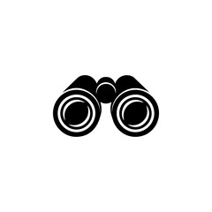 A bold black and white vector logo of a pair of binoculars, symbolizing search, discovery, exploration, travel, and finding new opportunities.