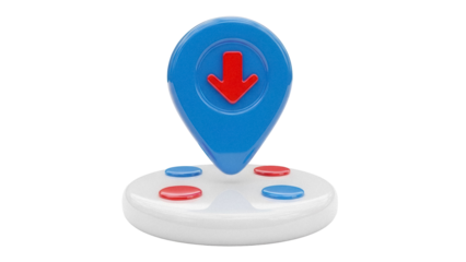 Blue location pin with red arrow isolated PNG on transparent background, download sign for maps and navigation apps