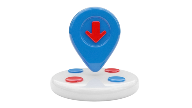 Blue location pin with red arrow isolated PNG on transparent background, download sign for maps and navigation apps - Powered by Adobe