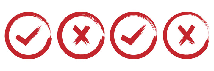 Tick and cross mark grunge brush painted vector symbols. Green checkmark and red X icon. Hand drawn doodle sketch style. Yes and no button for approval and rejection