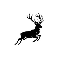 A majestic black and white vector logo of a male deer or stag leaping, showcasing large antlers, ideal for a brand representing nobility, nature, or hunting.