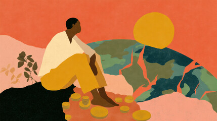 Person sitting on coins with thoughtful atmospher near river and cracked earth under warm sun, symbolizing financial reflection