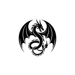 A powerful black and white vector logo of a fierce flying dragon with large wings and a serpent body, perfect for a gaming, fantasy, or aggressive brand.