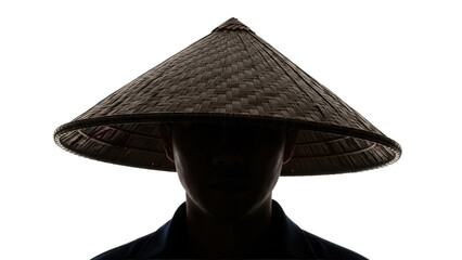 Silhouette of a person wearing a conical Asian hat PNG isolated on transparent background, traditional headwear for cultural events