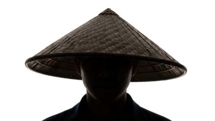 Silhouette of a person wearing a conical Asian hat PNG isolated on transparent background, traditional headwear for cultural events