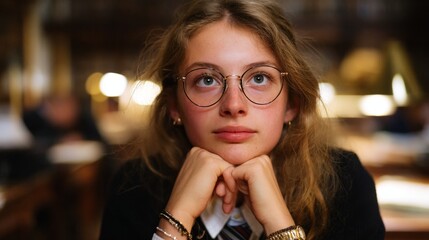 Woman in glasses sitting in library.