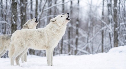 Obraz premium Wild arctic wolves stand in a cold snowy forest howling to the winter sky