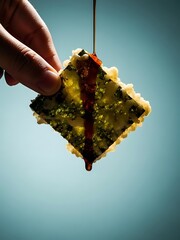 Tempura seaweed snack lifted by hand with sauce drizzle falling, teal background, dramatic texture-focused snack photography for bold food ads