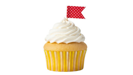 Isolated cupcake with swirl icing and polka dot flag, sweet dessert confectionary snack
