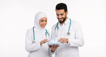 Smiling diverse medical professionals team using digital tablet for modern healthcare solutions and technology advancements