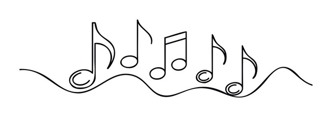 Dynamic black musical notes flowing across a wavy staff creating a sense of movement and melody, perfect for music production or educational materials.