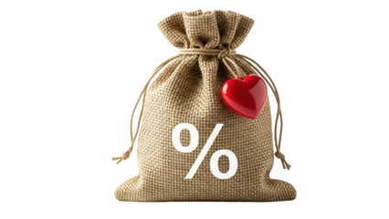Burlap sack with percentage sign and red heart isolated PNG, concept for love of discounts and special offers on transparent background
