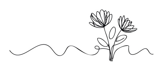 Minimalist single line drawing of delicate flowers with flowing wavy stems, perfect for elegant branding, feminine stationery, and organic product promotions.