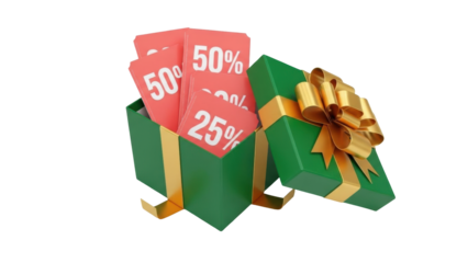 Isolated bright green gift box open, red discount cards inside, marketing advertising concept